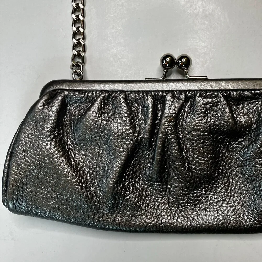 Talbot's Metallic Silver Gray Leather Clutch Evening Purse With Shoulder Strap